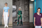 Drei Frauen in Arbeitskleidung: hellblaues Shirt & weiße Hose, grüne Handwerkerkleidung, lila Kasack.