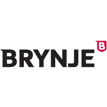 BRYNJE Sicherheitsschuhe Logo: Schwarzer Schriftzug mit rotem "B" Emblem.