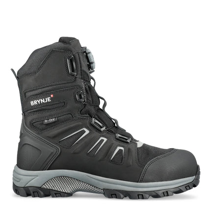 BRYNJE Arctic S7L Sicherheitsstiefel in Schwarz mit BOA® Fit System, grauer Sohle und reflektierenden Details.
