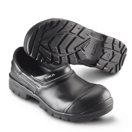 Schwarzer SIKA Proflex S3L Sicherheitsclog aus Permair® Leder mit rutschhemmender Sohle, Größe 42.