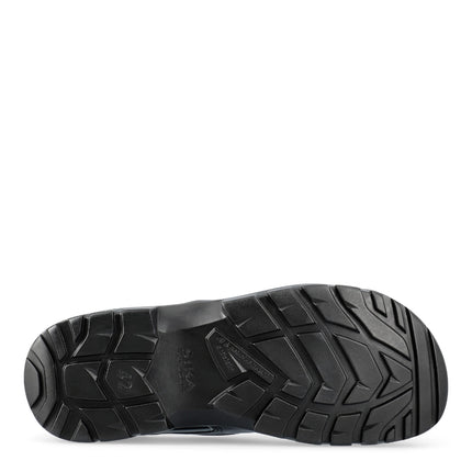 Unterseite des schwarzen SIKA Proflex S3L Sicherheitsclogs mit rutschhemmender PU-Laufsohle und Profil.