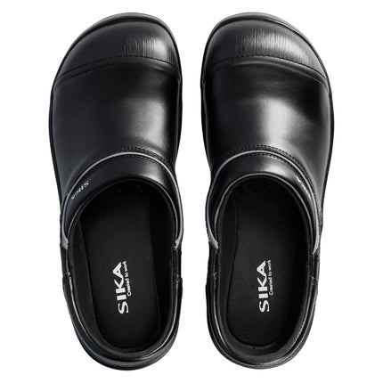 Schwarze SIKA Proflex S3L Sicherheitsclogs aus Permair® Leder mit grauen Reflexdetails und rutschhemmender Sohle.