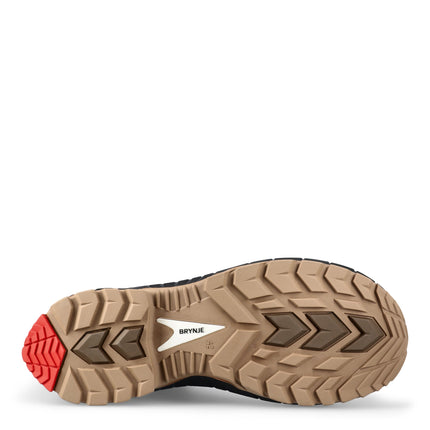 BRYNJE TReK B-dry S7S Sicherheitsstiefel Sohle mit braunem Profil, rotem Fersenbereich und BRYNJE Logo.