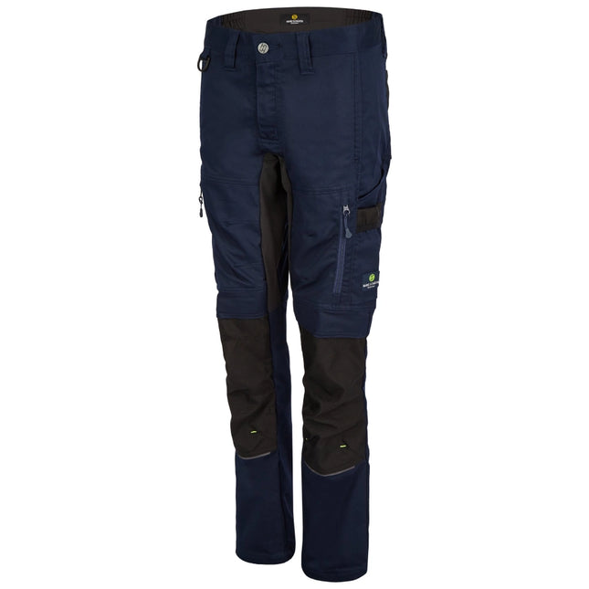 Dunkelblaue Hans Schäfer Artemis Arbeitshose mit Stretch, Cordura-Verstärkungen und Reißverschlusstaschen.