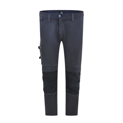 Dunkelgraue Hans Schäfer Jeans Arbeitshose Zeus aus Stretch-Denim mit Cordura-Kniepolstertaschen.