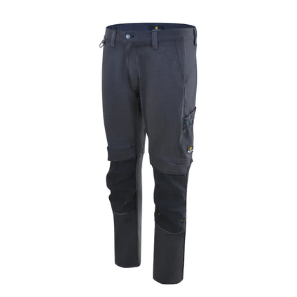 Dunkelgraue Hans Schäfer Zeus Stretch-Jeans Arbeitshose mit Cordura-Kniepolstertaschen und Seitentaschen.