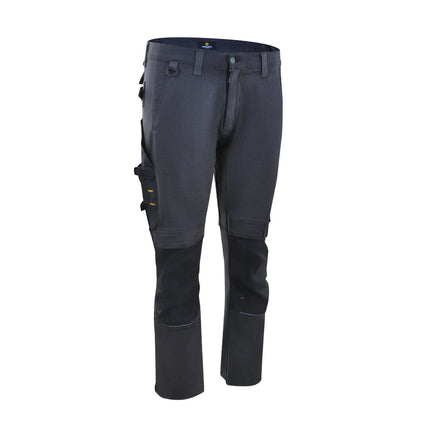 Dunkelgraue Hans Schäfer Jeans Arbeitshose Zeus aus Stretch-Denim mit Cordura-Kniepolstertaschen und Werkzeugschlaufen.