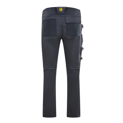 Dunkelgraue Hans Schäfer Zeus Jeans Arbeitshose mit Cordura-Kniepolstertaschen und Werkzeugschlaufen.