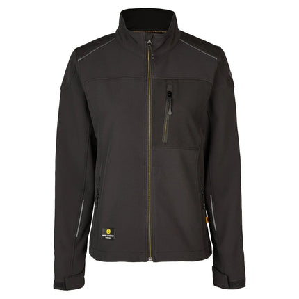 Schwarze Hans Schäfer Damen Softshelljacke mit gelben Reißverschlüssen, hohem Kragen und Klettverschluss an den Ärmeln.