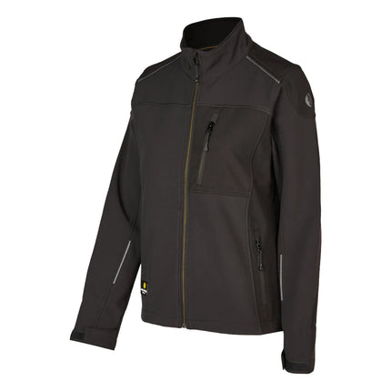 Schwarze Hans Schäfer Damen Softshelljacke mit gelbem Reißverschluss, hohem Kragen und reflektierenden Details.