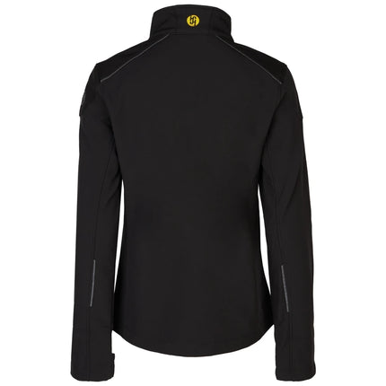 Rückenansicht der schwarzen Hans Schäfer Damen Softshelljacke mit gelbem Logo und reflektierenden Details.