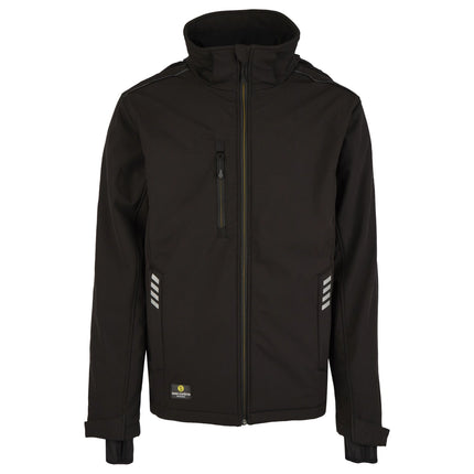 Schwarze Hans Schäfer Winter-Softshelljacke mit Reflexstreifen, Brusttasche und verstellbarem Stehkragen.