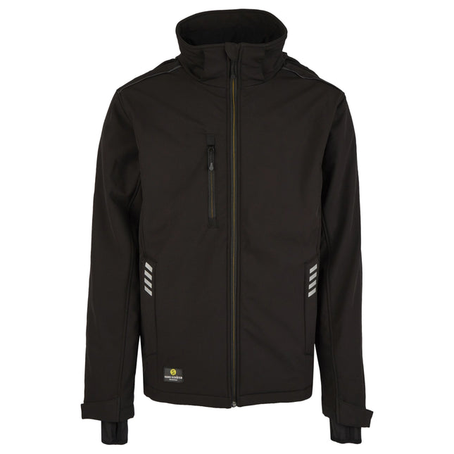 Schwarze Hans Schäfer Winter-Softshelljacke mit Reflexstreifen, Brusttasche und verstellbarem Stehkragen.