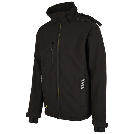 Schwarze Hans Schäfer Winter-Softshelljacke mit Reflexstreifen, YKK-Reißverschlüssen und abnehmbarer Kapuze.
