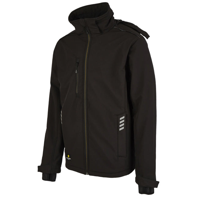 Schwarze Hans Schäfer Winter-Softshelljacke mit Reflexstreifen, YKK-Reißverschlüssen und abnehmbarer Kapuze.