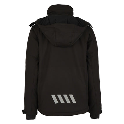 Schwarze Hans Schäfer Winter-Softshelljacke mit abnehmbarer Kapuze, verlängertem Rücken und reflektierenden Streifen.