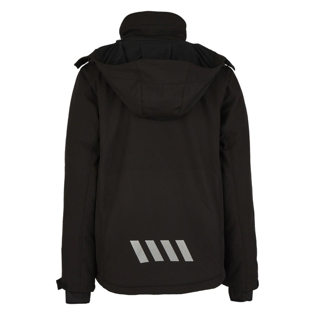 Schwarze Hans Schäfer Winter-Softshelljacke mit abnehmbarer Kapuze, verlängertem Rücken und reflektierenden Streifen.