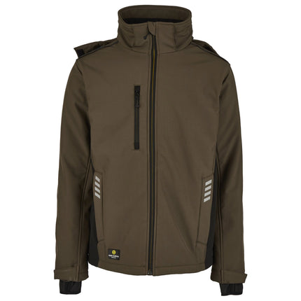 Hans Schäfer Winter-Softshelljacke in Olivgrün mit Reflexstreifen, abnehmbarer Kapuze und Reißverschlusstaschen.