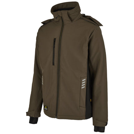 Olivgrüne Hans Schäfer Winter-Softshelljacke mit Reflexstreifen, Reißverschlusstaschen und abnehmbarer Kapuze.