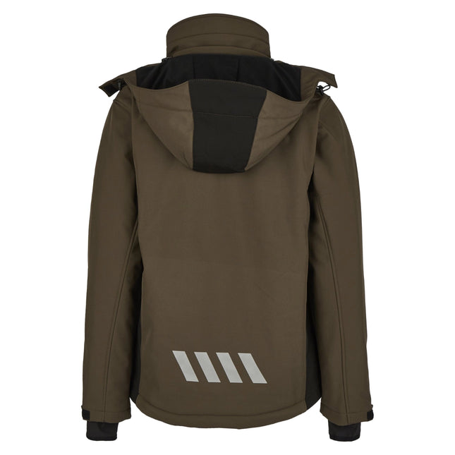 Rückansicht der olivgrünen Hans Schäfer Winter-Softshelljacke mit abnehmbarer Kapuze, Reflexstreifen und verlängertem Rücken.