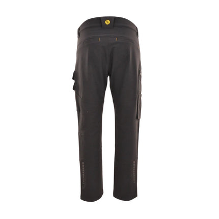 Hans Schäfer Bundhose Herakles: Schwarze 4-Wege-Stretch Arbeitshose mit Kniepolstertaschen und gelbem Logo.