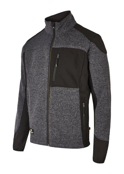 Graue Hans Schäfer Workwear Strickfleecejacke mit schwarzen Besätzen, Reißverschlüssen und Taschen.