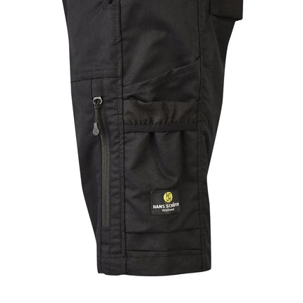 Schwarze Hans Schäfer Apollon Arbeitsshorts mit Reißverschlusstasche, D-Ring und gelbem Logo.