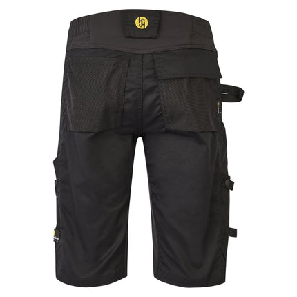 Schwarze Hans Schäfer Apollon Arbeitsshorts mit Stretch, verstärkten Taschen und Belüftungs-Reißverschlüssen.