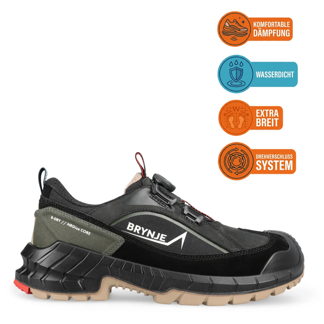BRYNJE TReK B-dry S7S Sicherheitsschuh in Schwarz/Oliv mit BOA-Verschluss und robuster Sohle.