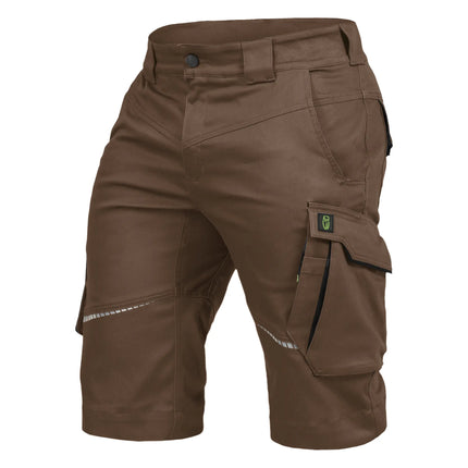 Braune Leibwächter FLEXK Arbeitsshorts mit Cargotaschen, Reflektoren und breiten Gürtelschlaufen.