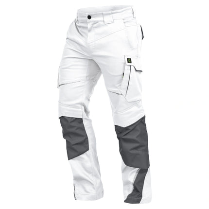 Weiße Leibwächter FLEX Bundhose mit grauen Knietaschen, Cargotaschen und Reflektoren.