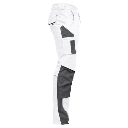 Weiße Leibwächter FLEX Bundhose mit grauen Knie- und Cargotaschen, Stretchstoff und modernem Schnitt.