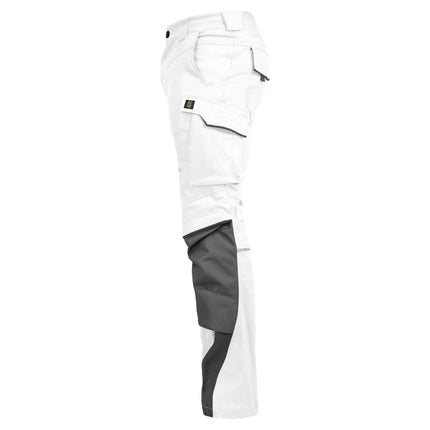 Weiße Leibwächter FLEX Bundhose mit Stretch, Cargotaschen und grauen Kniepolstertaschen.