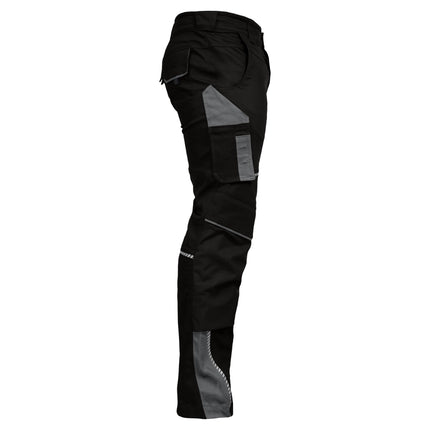 Schwarze Leibwächter FLEX Bundhose mit grauen Stretch-Einsätzen, Reflektoren und Cargotaschen.