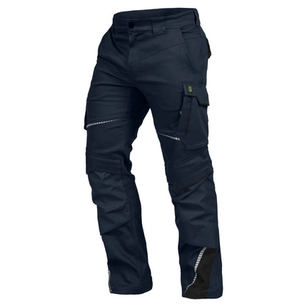 Dunkelblaue Leibwächter FLEX Bundhose aus Stretchstoff mit Cargotaschen, Kniepolstertaschen und Reflektoren.