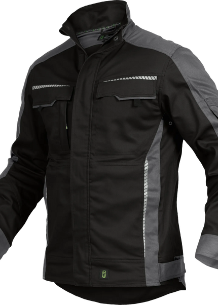 Leibwächter Bundjacke FLEXJ in Schwarz-Grau, elastische Arbeitsjacke mit Reflektoren und Taschen.