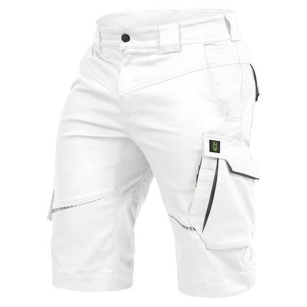 Weiße Leibwächter FLEXK Arbeitsshorts aus Stretchstoff mit Cargotaschen und Reflektoren.