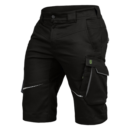 Schwarze Leibwächter FLEXK Arbeitsshorts aus Stretchstoff mit Reflektoren und Cargotasche.