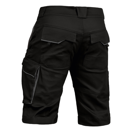 Schwarze Leibwächter kurze Arbeitshose FLEXK aus Stretchstoff mit Reflektoren, Cargotaschen und Gesäßtaschen.