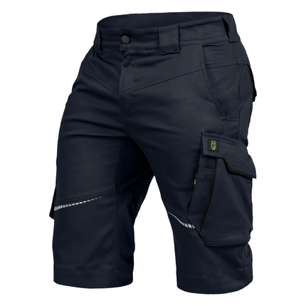 Dunkelblaue Leibwächter FLEXK kurze Arbeitshose aus Stretchstoff mit Reflektoren und Cargotaschen.