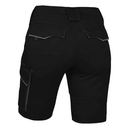 Schwarze Leibwächter Damen Arbeitsshorts FLXDK mit Reflektoren, Gesäßtaschen und Cargotasche.