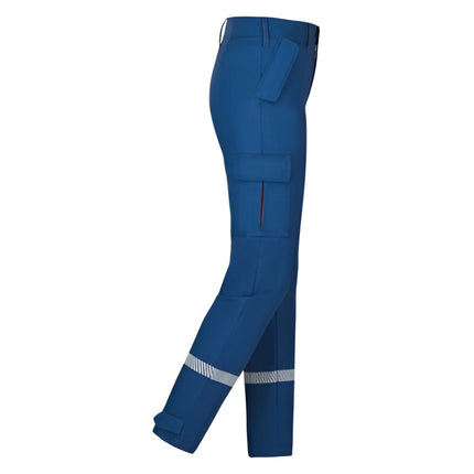 Blaue Jugendfeuerwehr Bundhose von Watex aus Baumwoll-Mischgewebe mit Reflexstreifen und Taschen.