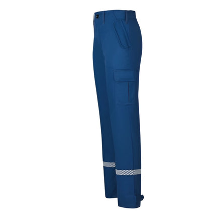 Blaue Jugendfeuerwehr Bundhose von Watex aus Baumwolle-Mischgewebe mit Reflexstreifen und Cargotaschen.