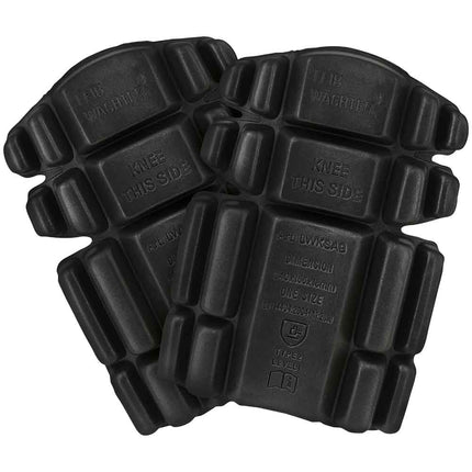 Zwei schwarze, ergonomische Leibwächter Knie-Pads aus EVA-Schaum mit Wabenstruktur und Beschriftung.