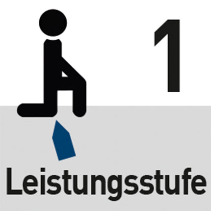 Schwarzes Piktogramm einer knienden Person mit einer blauen Pfeilspitze und der Aufschrift "Leistungsstufe 1".
