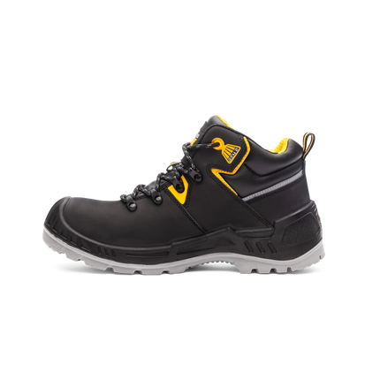 Schwarzer Monitor Midway S3 Sicherheitsstiefel aus geöltem Leder mit gelben Akzenten und grauer Sohle.