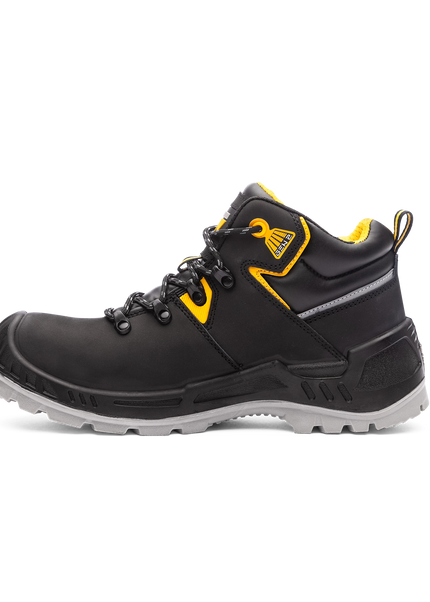 Schwarzer Monitor Midway S3 Sicherheitsstiefel aus geöltem Leder mit gelben Akzenten und grauer Sohle.