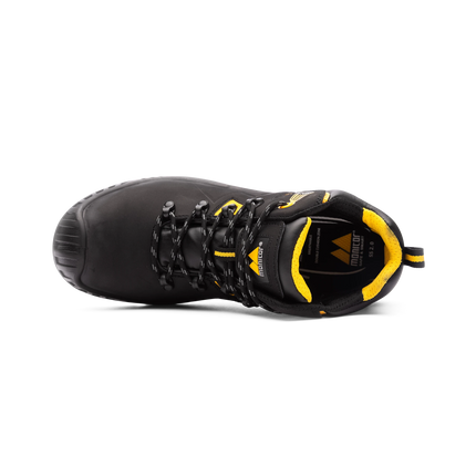 Schwarzer Monitor Midway S3 Sicherheitsstiefel aus geöltem Leder mit gelben Akzenten und Schnürsenkeln.