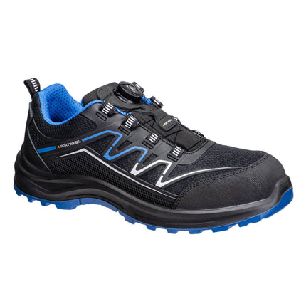 Portwest FT32 S1P Sicherheitsschuhe, schwarz-blau, mit Drehverschluss und Netzfutter.
