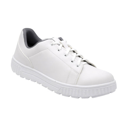 Weißer S2 Küchenschuh Eco Work Sneaker III aus Mikrofaser mit grauer Fersenkappe und rutschfester PU-Sohle.